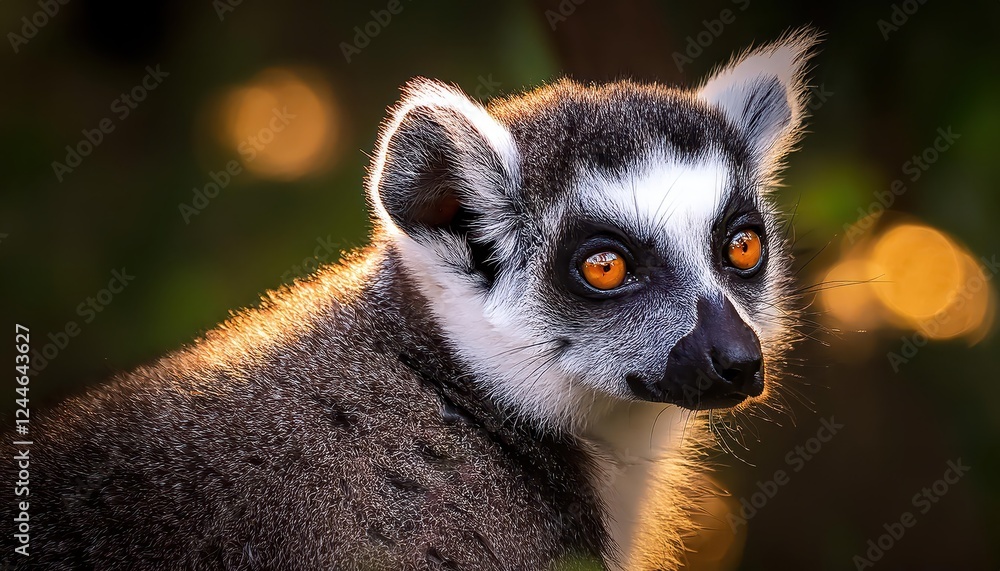 Obraz premium Enchanting Lemur Maki Caught MidLeap Amongst Lush Greenery and Glowing Bioluminescent Flowers in a Moonlit Tropical Rainforest