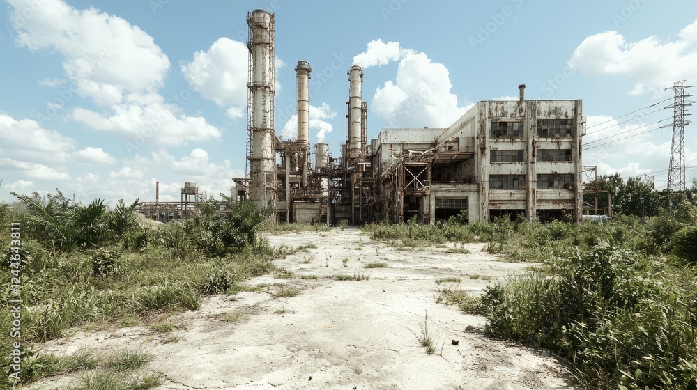 Abandoned industrial plant overgrown with weeds, sunny day