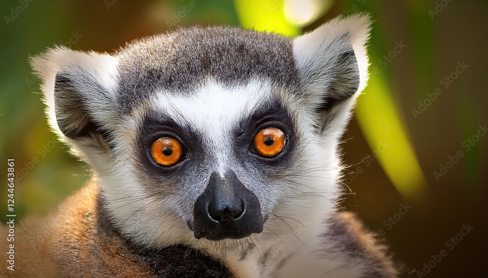 Fototapeta premium Vivid and Vibrant Portrayal of a Lemur Maki Amidst the Mystical Rainforest Canopy at Dawn, Showcasing a Lush Jungle Filled with Exotic Flora and Fauna in Tropical Colors.