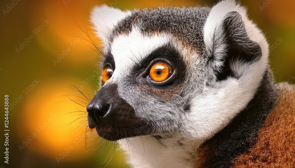Obraz premium Striking Portrait of a Maki Lemur in lush Madagascar Rainforest, Displaying Playful and Inquisitive Behavior with Vibrant Eyes against a Backdrop of Rich Greens, Captured on at3
