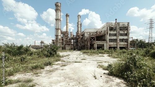 Obraz na płótnie Abandoned industrial plant overgrown with weeds, sunny day w salonie