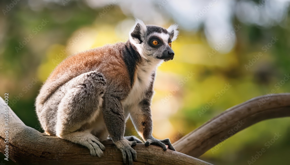 Obraz premium Mystical Eyes of a Ringtailed Lemur Gazing Intently over a Lush Zoo Habitat at Dusk, Set against the Backdrop of an Autumnal Forest and a Sunkissed Sky