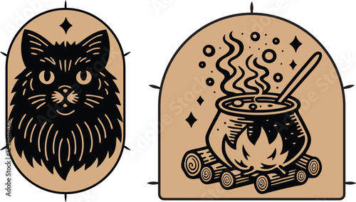 color cat and cauldron with boiling potion on fire and symbolizing sticker art sketch engraving ink poster black illustration