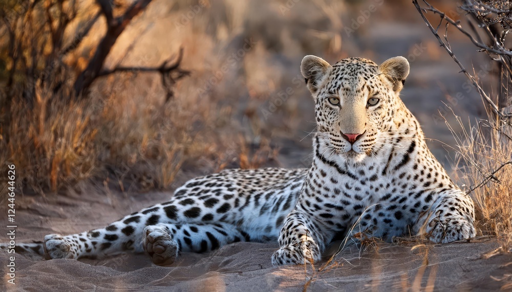 Vigilant Young Male Leopard Basking in the African Savannah Sunlight of Botswanas Mashatu Game Reserve, Displaying Agility and Majesty. Vigilant Young Male Leopard Basking in the African Savannah Sunlight of Botswanas Mashatu Game Reserve, Displaying Agility and Majesty.