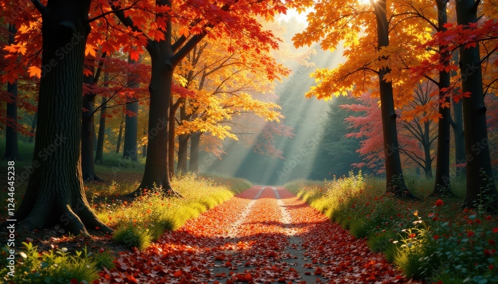 Fototapeta premium Crisp autumn day, sunlit path through colorful forest , fall, beautiful, woodland