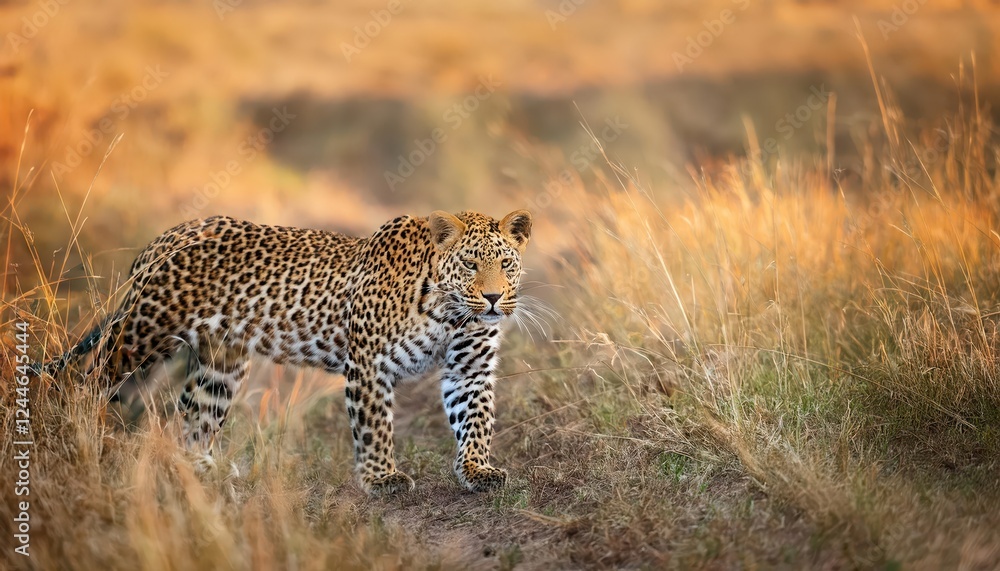 Stealthy Predator on the Prowl Majestic Leopard in Action against a Backdrop of Serene African Savannah during Dusk, Kenyan Masai Mara Wildlife Reserve Stealthy Predator on the Prowl Majestic Leopard in Action against a Backdrop of Serene African Savannah during Dusk, Kenyan Masai Mara Wildlife Reserve