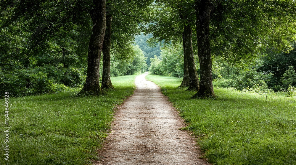 Obraz premium Serene path through trees, leading to forest; nature background, peaceful scene, travel, relaxation