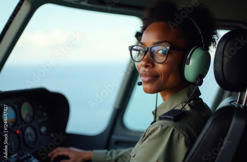 portrait of a beautiful young african american female pilot in a helicopter