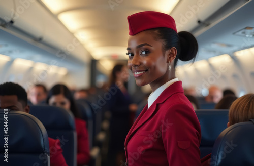 young african stewardess in red uniform in airplane cabin