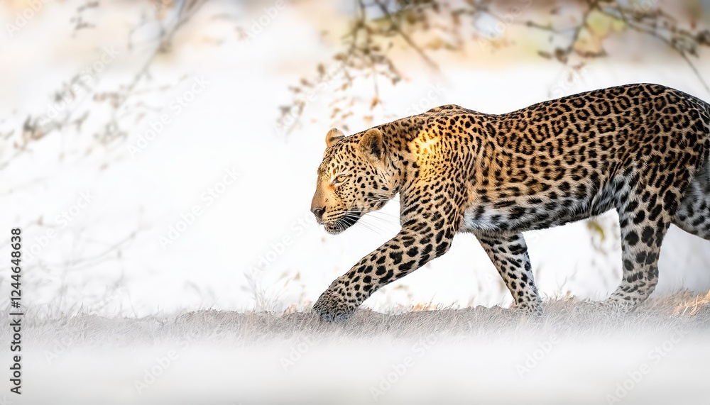 Obraz premium Powerful and Majestic Leopard Emerges from Shadows into Radiant Light, Captured in Stunning Detail in a Breathtaking Digital Artwork