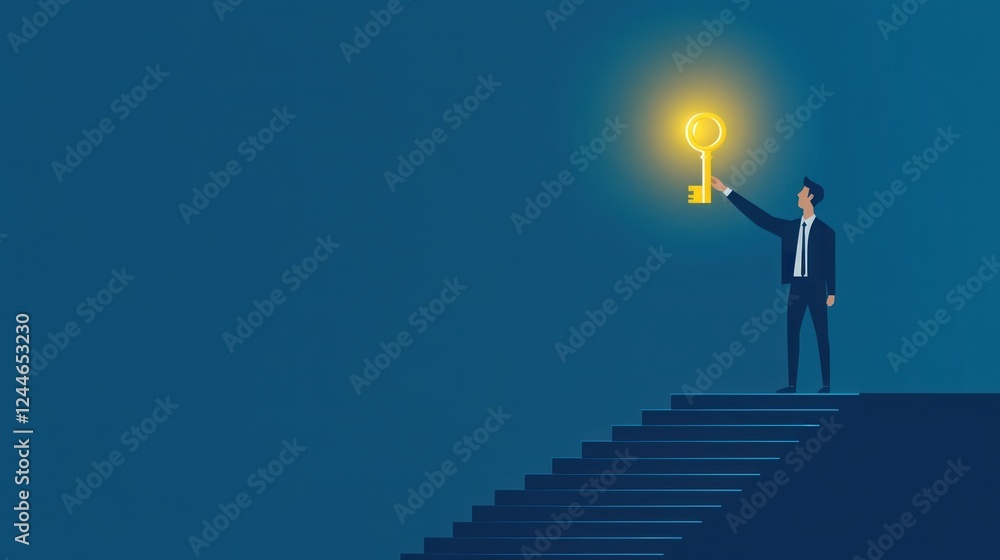 Man climbs stairs holding lit key; concept for achieving success, in the dark, for use in business ads Man climbs stairs holding lit key; concept for achieving success, in the dark, for use in business ads