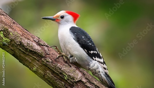 Striking Lewiss Woodpecker Perched on Branch against a Winter Forest Backdrop, Displaying Vibrant Feathers and Sharp Focus in an Enchanting Scene. photo