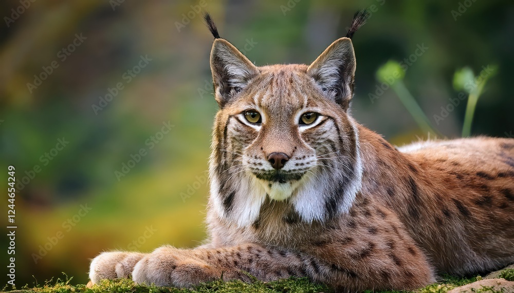 Fototapeta premium Restful Iberian Lynx Gaze Intently at Camera Amongst Rustic Landscape on January , at