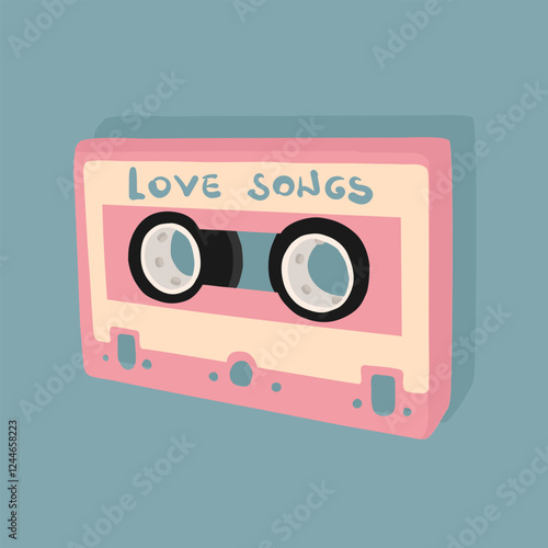 Pink cassette tape with love songs illustration on  blue background