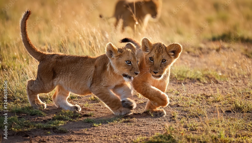 Playful Lion Cubs Frolicking in the Wide Open Savannah of the Masai Mara Game Reserve, Kenya Joyful Moments Captured against a Backdrop of Vibrant Wilderness and Rich African Sunset. Playful Lion Cubs Frolicking in the Wide Open Savannah of the Masai Mara Game Reserve, Kenya Joyful Moments Captured against a Backdrop of Vibrant Wilderness and Rich African Sunset.