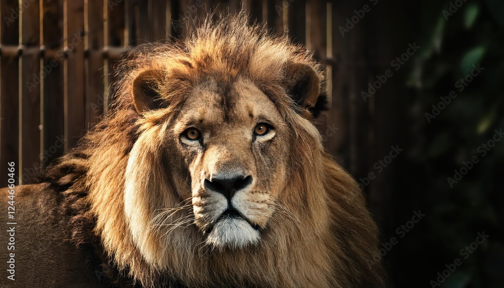 Obraz premium Powerful Majesty A Close Encounter with a Regal Lion in the Heart of the Zoo, Capturing the Vigilance and Nobility of Africas King of Beasts.