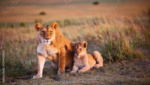 Majestic Lion Mother of Notches Rongai Pride Cradling Cub amidst the Masai Mara Savannah at Dusk, Kenya photo