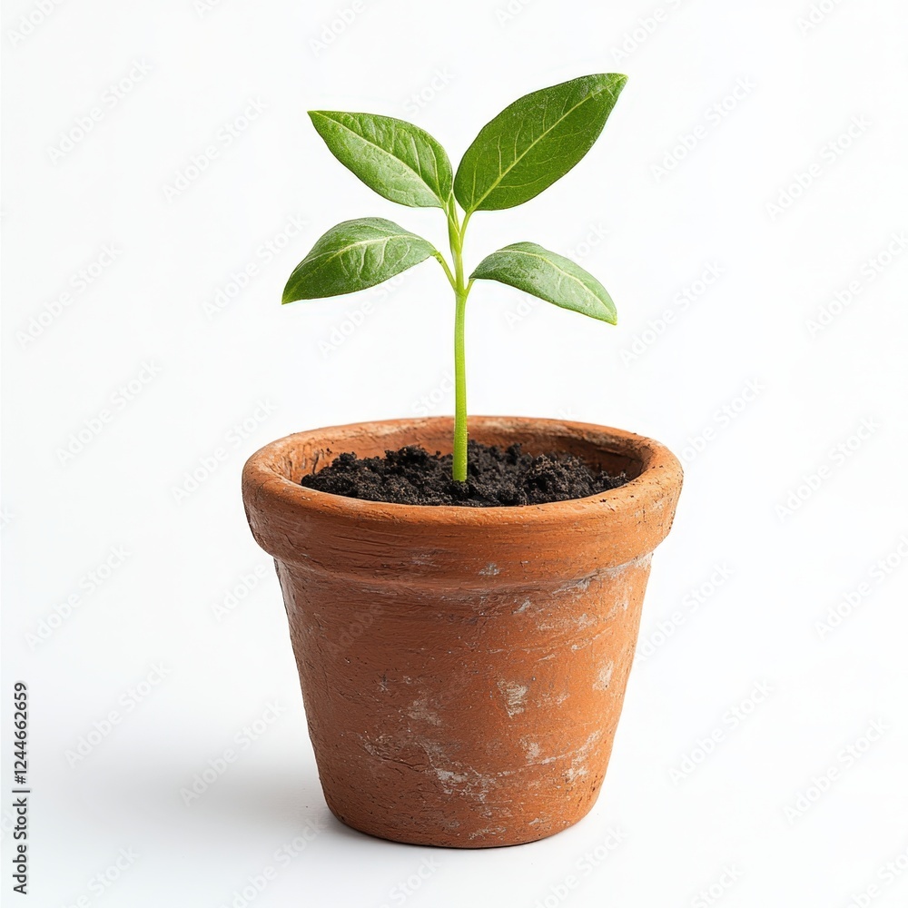 A small, rustic clay pot, unglazed with visible fingerprints, containing a single, green sprouting plant - Generative AI A small, rustic clay pot, unglazed with visible fingerprints, containing a single, green sprouting plant - Generative AI