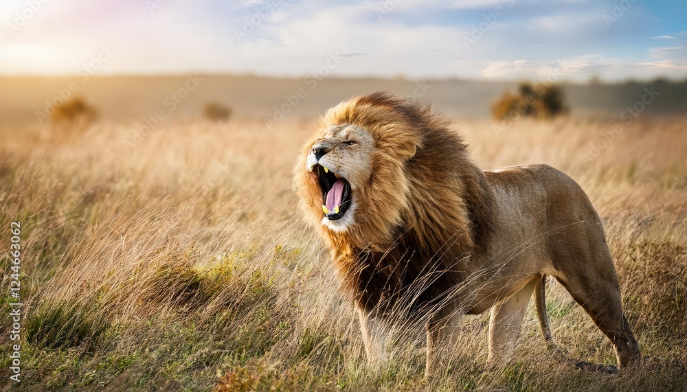 Majestic Lion Roars against a Backdrop of Green Fields and Weathered Grass, Capturing the Wilderness in its Raw Beauty Majestic Lion Roars against a Backdrop of Green Fields and Weathered Grass, Capturing the Wilderness in its Raw Beauty