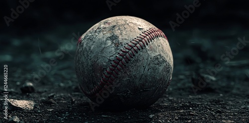 A close-up, candid photo of a vintage baseball on a black background, emphasizing the worn and old aspects of baseball photography. photo