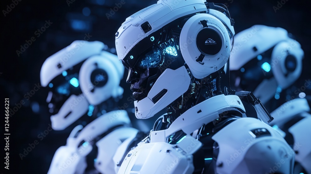 Fototapeta premium Futuristic robots standing in a row with glowing eyes