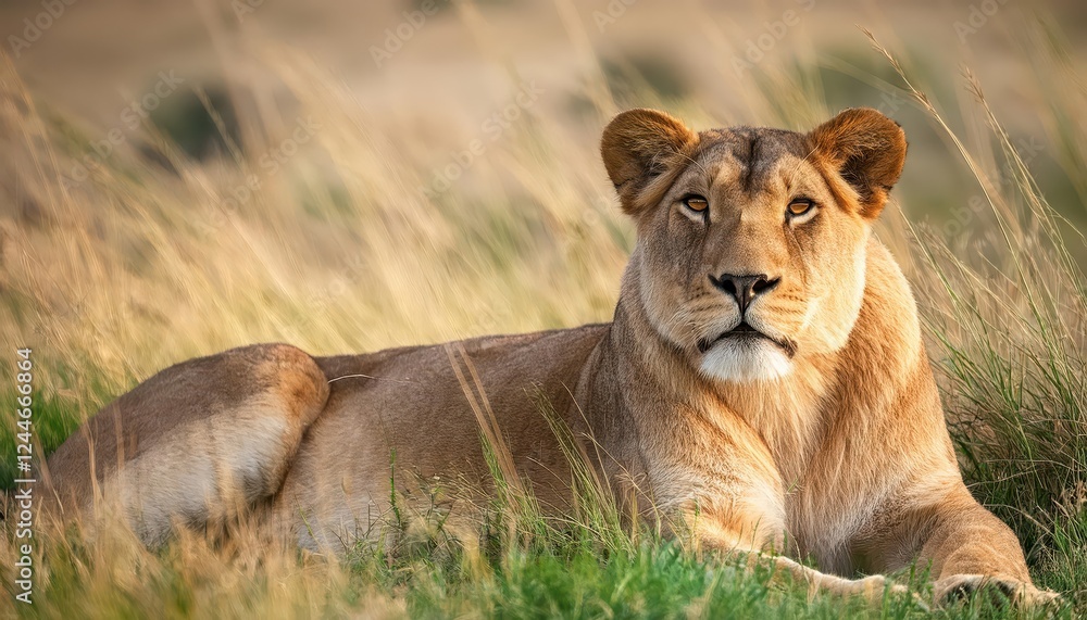Majestic African Lioness in Serene Solitude, Gaze Intensely Studying the Savannahs Short Grass Plains at Dawn, Capturing the Essence of the Wild Kingdoms Power and Tranquility. Majestic African Lioness in Serene Solitude, Gaze Intensely Studying the Savannahs Short Grass Plains at Dawn, Capturing the Essence of the Wild Kingdoms Power and Tranquility.
