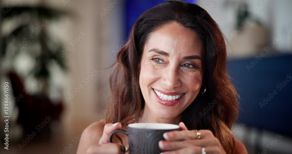Aroma, coffee and vision with mature woman in living room sofa of home for break or wellness. Relax, scent and thinking with person drinking beverage in apartment for morning or weekend satisfaction Aroma, coffee and vision with mature woman in living room sofa of home for break or wellness. Relax, scent and thinking with person drinking beverage in apartment for morning or weekend satisfaction