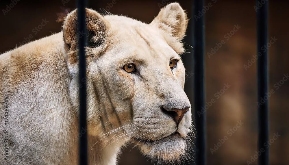Naklejka premium Powerful and Majestic Lioness Gazing through Zoo Bars at Dusk, Showcasing Her Noble Beauty in a Serene Urban Environment on Januaryst,