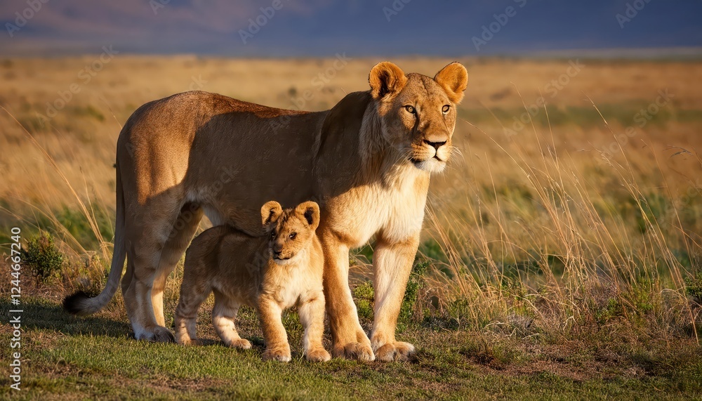 Majestic Lioness and Cub in the Serengeti, Basking in Early Morning Sunlight, Grazing on Fresh Green Grass, Capturing the Essence of Africas Wild Beauty. Majestic Lioness and Cub in the Serengeti, Basking in Early Morning Sunlight, Grazing on Fresh Green Grass, Capturing the Essence of Africas Wild Beauty.