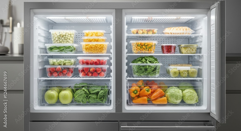 Organized refrigerator with various frozen foods for frozen food month Organized refrigerator with various frozen foods for frozen food month