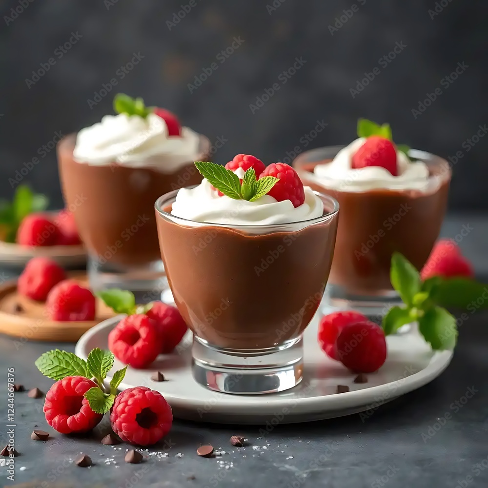 Chocolate Mousse Dessert with Raspberries and Whipped Cream Chocolate Mousse Dessert with Raspberries and Whipped Cream