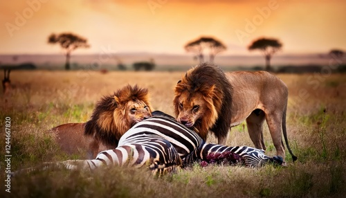 AweInspiring Moment Majestic Lions Feasting on a Dead Zebra in the Savannah as the African Sun Sets, Capturing the Raw Power and Beauty of Natures Circle of Life. photo