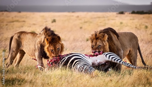 Powerful Moment Majestic Lions Feasting on a Dead Zebra in the Wild Kenya Savannah at Sunrise, Capturing Raw African Beauty and Strength. photo