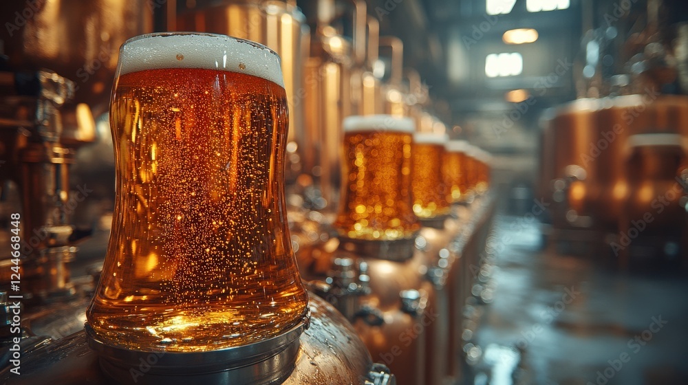 Close-up of frothy beer glasses in a vibrant brewery with copper tanks and atmospheric lighting Close-up of frothy beer glasses in a vibrant brewery with copper tanks and atmospheric lighting