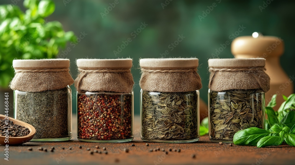 Fresh herbs and spices arranged in jars on a rustic wooden surface Fresh herbs and spices arranged in jars on a rustic wooden surface