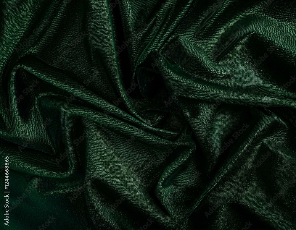 Fototapeta premium Green background. Folds on shiny fabric surface. Beautiful dark background with space for design.