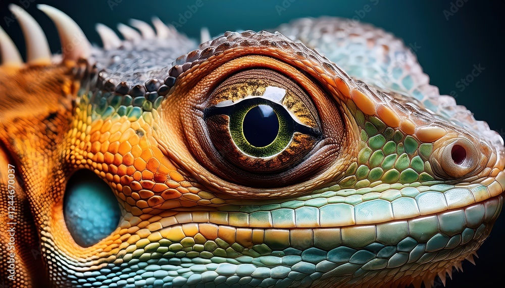 Fototapeta premium Vivid Close Up Portrait of a Green Lizards Intense Eye, Showcasing Striking Detail and Textured Scales in a Dynamic, Wilderness Moment on Januaryst, .