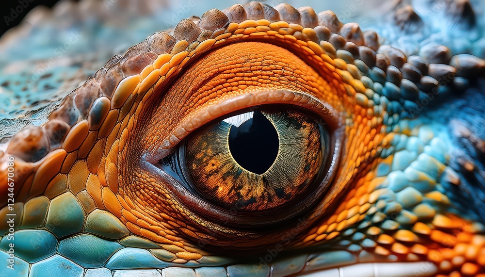 Fototapeta premium Striking Closeup Portrait of a Green Iguana, showcasing intricate Scales, Intense Eyes, and Bold Textures, Capturing the Majesty of this Reptiles Vibrant Gaze.