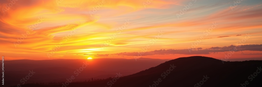 Fototapeta premium Sunset over mountains with a tranquil mood representing nature's beauty against a colorful sky