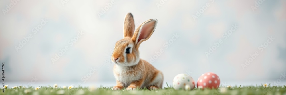 Cute rabbit with a playful mood sitting next to Easter eggs against a soft pastel background Cute rabbit with a playful mood sitting next to Easter eggs against a soft pastel background