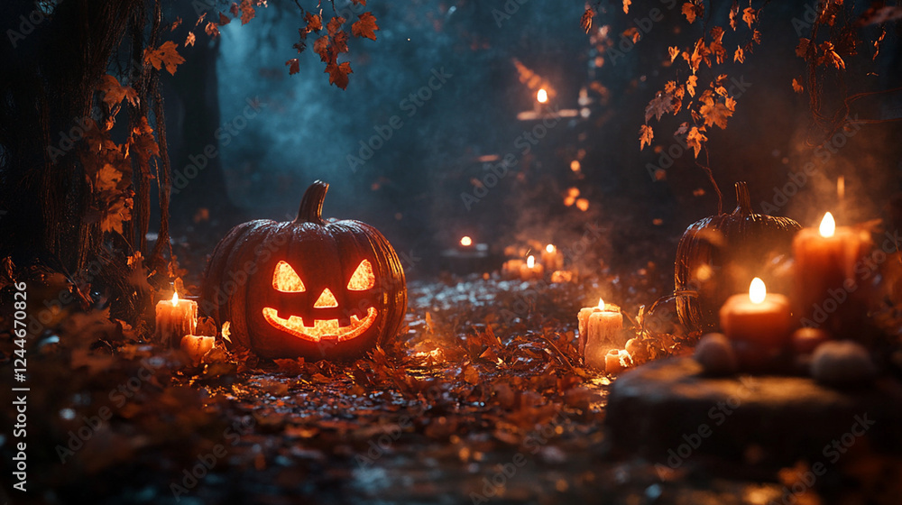 Naklejka premium Spooky Halloween scene featuring a glowing carved pumpkin surrounded by eerie blue smoke and autumn leaves in a dark atmospheric setting