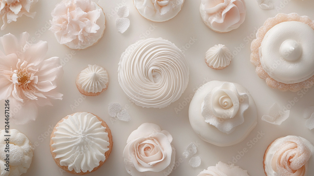 Elegant white meringue swirls arranged in an artistic flat lay composition, highlighting the delicate airy texture in a minimalist dessert style Elegant white meringue swirls arranged in an artistic flat lay composition, highlighting the delicate airy texture in a minimalist dessert style