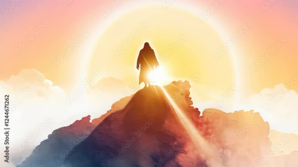 The resurrected Jesus Christ ascending to heaven surrounded by bright ...
