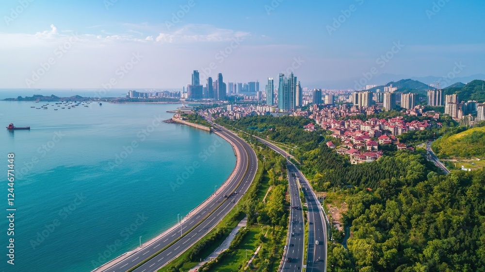 Coastal Cityscape Highway Ocean Skyline Buildings Coastal Cityscape Highway Ocean Skyline Buildings