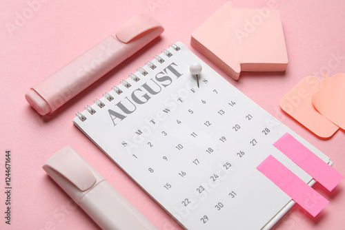 August calendar with pink h...