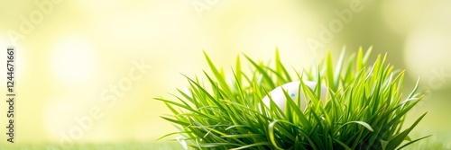 Easter egg hidden in bright grass with a cheerful mood representing spring against a soft green background photo