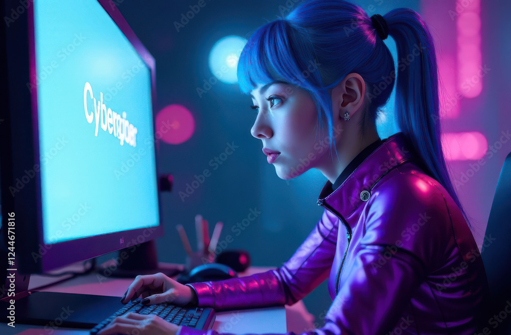 In a dimly lit space adorned with neon lights, a young woman with bright blue hair focuses intently on her computer screen while wearing a shiny purple jacket. The atmosphere is vibrant and modern. In a dimly lit space adorned with neon lights, a young woman with bright blue hair focuses intently on her computer screen while wearing a shiny purple jacket. The atmosphere is vibrant and modern.
