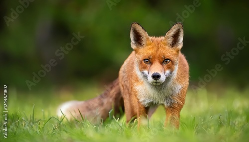 Charming Red Fox, Vulpes Vulpes, Strikes a Pose with Enchanting Green Summer Forest Backdrop at Dawn, Showcasing Adorable Expressive Eyes and Playful Attitude. photo