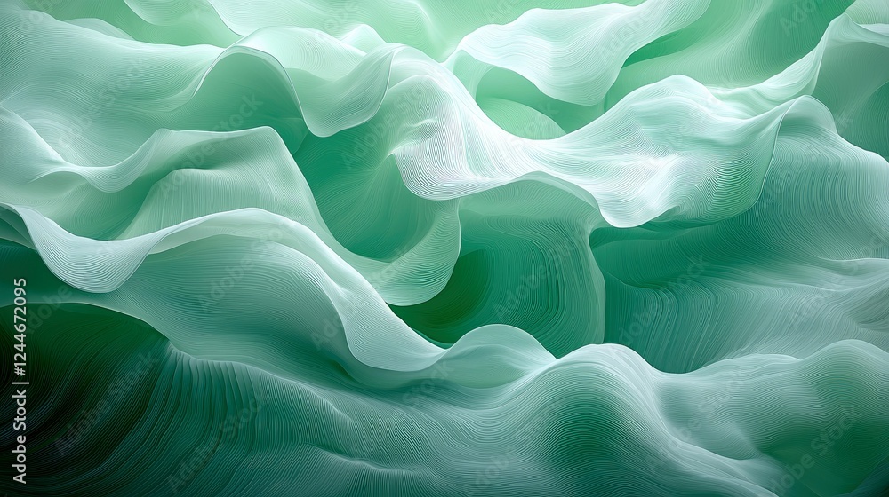 Obraz premium Abstract Green Waves: Serene Flowing Texture Background Wallpaper. Digital Art, Seamless Pattern, Elegant Design