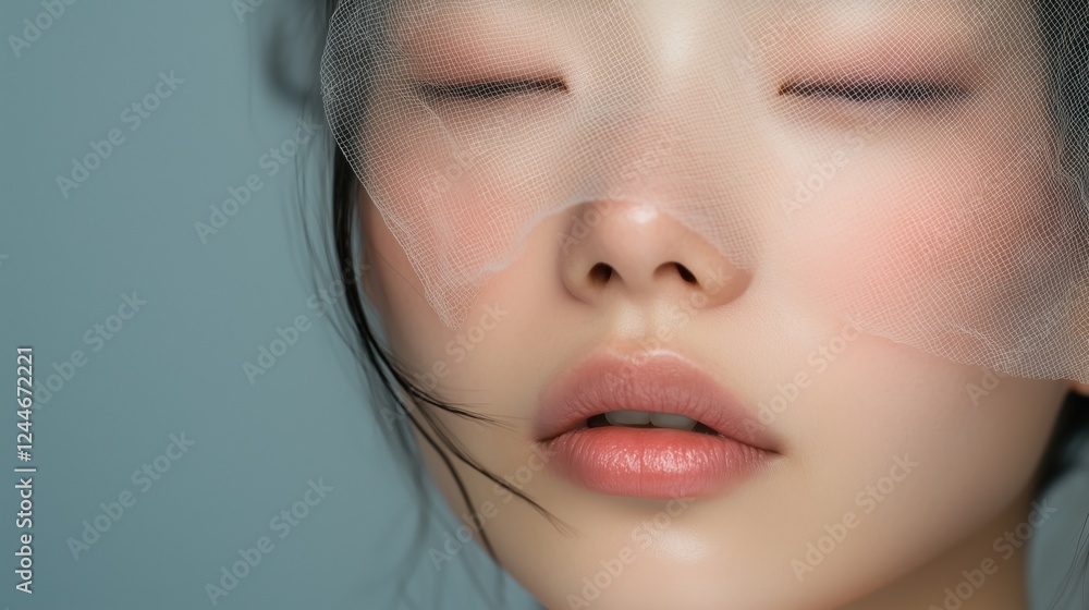 Fototapeta premium Tranquil Beauty: A close-up portrait of a woman's face, captured with delicate lighting, reveals a soft, ethereal beauty. The translucent fabric adds a touch of mystery and serenity.